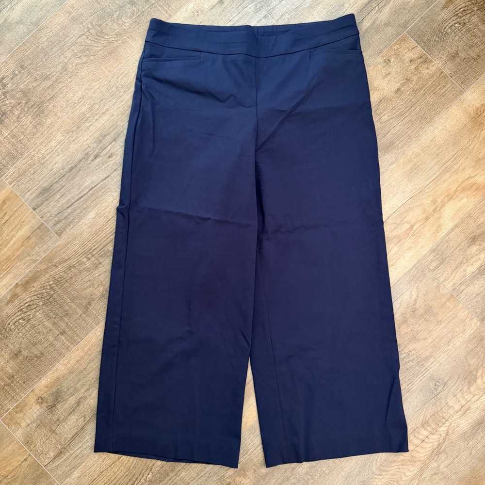 Chicos Wide Leg Crop Ankle Pants Navy Blue Pull On Trouser Women 2.5R 14R Office